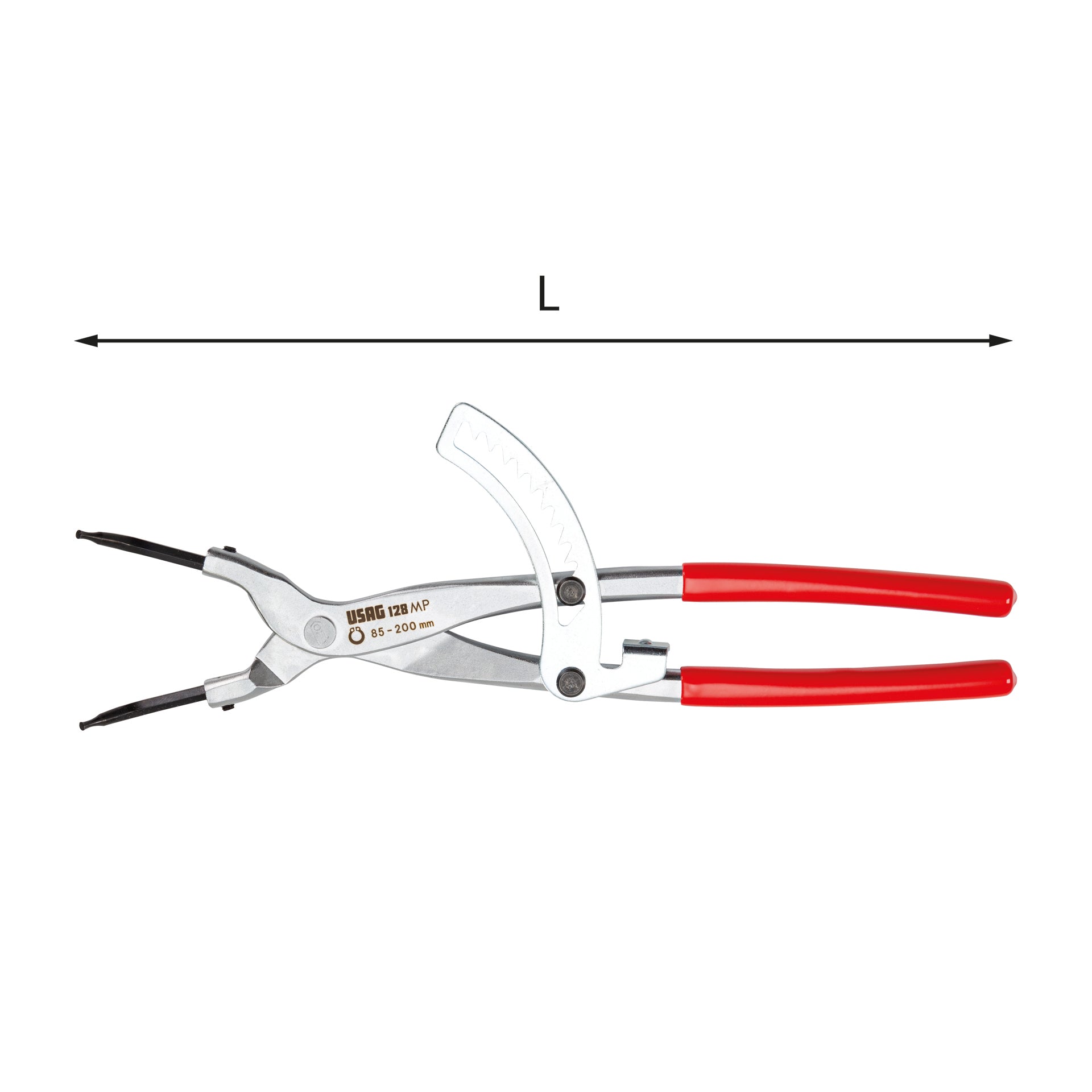 128 MP - Pinza a cremagliera a becchi piegati a 45° per anelli elastici interni di grandi dimensioni - Usag - U01280050 128 MP - Pinza a cremagliera a becchi piegati a 45° per anelli elastici interni di grandi dimensioni - Usag - U01280050